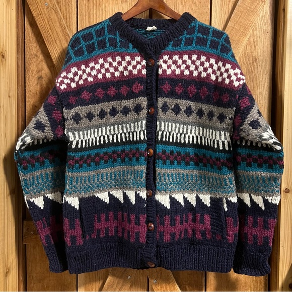 Vintage Sweaters - 🐑Inca Trail Wool Chunky Knit Sweater Grey Purple Teal Unisex One Size Equador
